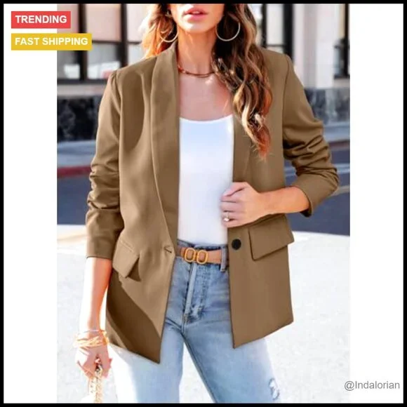 Long Sleeve Blazer Open Front Business Casual Slim Fit Polyester Classic